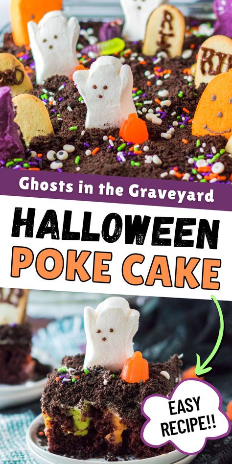 A fun and easy Halloween poke cake decorated to look like a spooky graveyard filled with ghosts and tombstones—perfect for a Halloween party! #HalloweenDessert #HalloweenRecipe #PokeCake Halloween Dirt Cake Recipe Easy, Graveyard Pudding Cups Dirt Cake, Graveyard Oreo Dirt Cake, Oreo Dirt Cake Halloween, Halloween Graveyard Dirt Cake, Halloween Ice Cream Cake Ideas, Halloween Dirt And Worms, Easy Cake Walk Cakes, Dirt And Worms Dessert Halloween