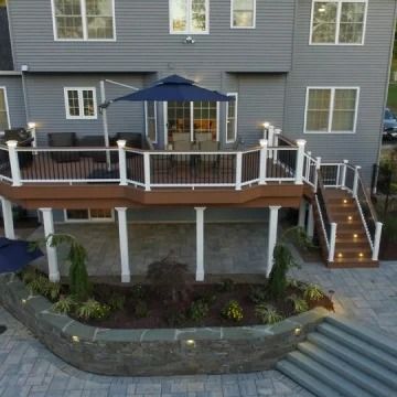 75 Second Story Deck Ideas You'll Love - July, 2024 | Houzz Two Story Back Porch, Second Story Deck Ideas Design, 2 Story Backyard Deck Ideas, Deck Design Ideas Second Story, 2nd Floor Covered Deck Ideas, Two Story Deck Ideas With Walkout Basement, Two Story Porch Ideas, Back Deck With Stairs, Second Story Deck Privacy Ideas