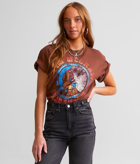 Merch Traffic Tim McGraw Indian Outlaw Band T-Shirt - Brown Small, Women's Brown Distressed graphic raw edge t-shirt Bust measures 36 on size small Body length 25 on size small. 100% Cotton. Machine wash cold. Gentle cycle. Wash and dry with like colors only. No bleach. Tumble dry low. Cool iron. Do not iron on decoration.. Measurements: Bust -Fullest part of bust with arms at sides. Waist -Circumference of natural waist: above belly button below rib cage. Hips -Standing with feet together fulle I Walk The Line, Walk The Line, Tim Mcgraw, Willie Nelson, Johnny Cash, Tee Outfit, Waist Circumference, Women's T Shirts, T Shirt For Women