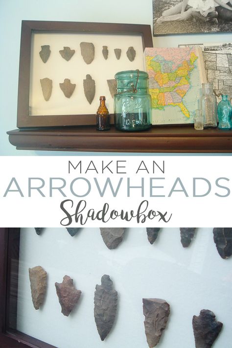 Make a DIY arrowheads shadowbox to display arrowheads in your home's decor! A quick and easy project that will look great in a farmhouse style home! #arrowheads #homedecor #farmhouse #farmhousestyle Displaying Arrowheads Ideas, Arrowhead Collection Display, Geology Home Decor, How To Display Arrowheads, Display Arrowheads Ideas, Arrowhead Shadow Box Ideas, Arrowhead Display Ideas Diy, Arrow Head Display Ideas, Arrowhead Display Ideas