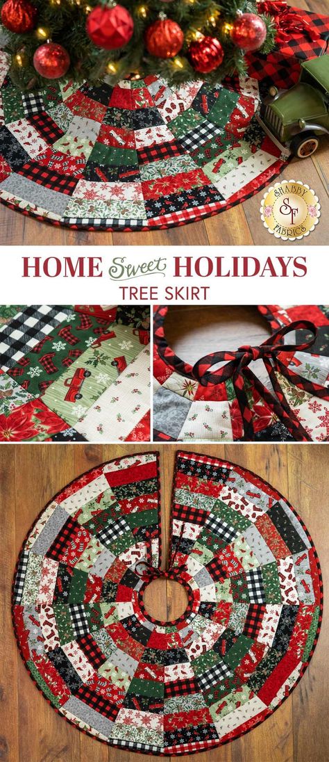 This festive tree skirt features the Home Sweet Holidays fabric collection by Deb Strain for Moda Fabrics, and uses the preprinted Quilt As You Go batting by June Tailor making this a fun project to make for all skill levels! Put the finishing touch on your Christmas Tree display with this delightful tree skirt! Tree skirt finishes to approximately 40" in diameter. How To Sew A Christmas Tree Skirt, Quilted Tree Skirts Christmas, Mini Tree Skirts, Jelly Roll Christmas Tree Skirt, Mini Tree Skirt Pattern Free, Tree Skirt Patterns Free, Diy Tree Skirt Ideas, Christmas Tree Skirt Quilt Pattern, How To Sew A Tree Skirt