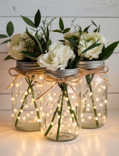 Rehearsal Dinner Centerpieces Diy, Rustic Wedding On A Budget Diy, Wedding Table Mason Jar Centerpieces, Simple Backyard Wedding Table Decor, Cute Diy Wedding Decorations, Simple Glass Centerpieces, Sparkle Centerpieces, Wedding Shower Table Centerpieces, Easy Outdoor Wedding Decor