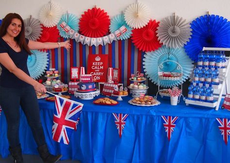 London Bus 2nd Birthday | CatchMyParty.com Blue Birthday Decorations, London Crafts, Cowboy Party Decorations, London Birthday, Bus Party, British Party, 68 Birthday, Childrens Parties, London Theme