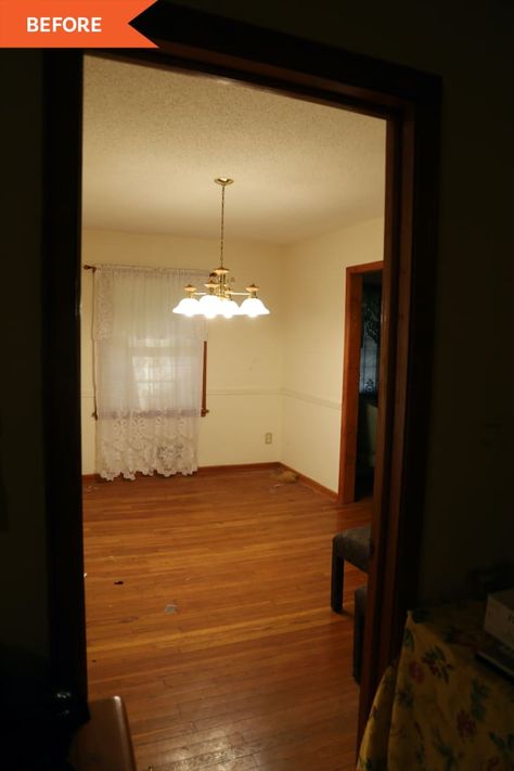 Dining Room Redo with Arched Doorways - Before and After photos | Apartment Therapy Entry Into Dining Room, Repurposed Dining Room, Before And After Dining Room, Hanging Globe Lights, 1950s Dining Room, Arched Doorways, Small Dining Area, Diy Dining Room, Activity Room