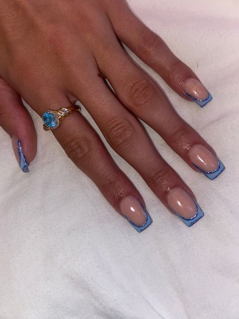 Cute French Tip Nails Acrylic Blue, Blue Tips Nails Square, Silver Nails Round, Short Square Acrylic Nails Blue Glitter, Short Blue Square Acrylic Nails, Light Blue Nail Ideas Art Designs, Blue Quinceanera Nails Short, Homecoming Blue Nails, Square Acrylic Nails Light Blue