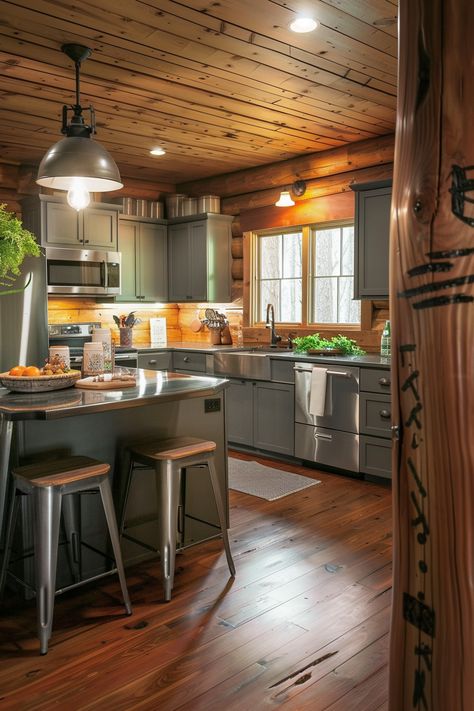 10+ Modern Log Cabin Kitchen Ideas to Spark Your Creativity - Vividly Aesthetic Modern Log Cabin Kitchen, Log Cabin Kitchens Cabinets, Small Log Cabin Kitchens, Log Home Kitchen Ideas, Rustic Log Cabin Kitchens, Small Cabin Kitchen Ideas, Cabin Kitchen Ideas, Log Cabin Kitchen Ideas, Small Cabin Kitchens