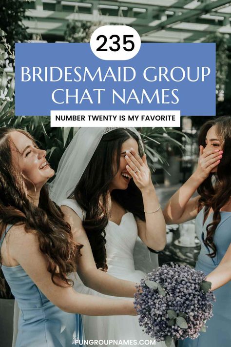 Explore over 235 creative bridesmaid group chat names to find the perfect fit for your wedding party vibes! Bachelorette Group Chat Names, Bridal Party Group Chat Names, Bridal Party Names, Wedding Group Chat Names, Bridesmaid Group Chat Name, Group Chat Names, Girls Group Names, Group Names Ideas, Group Names