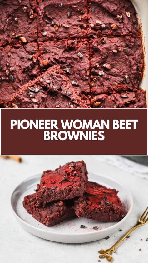 Pioneer Woman’s Beet Brownies is made with unsweetened chocolate, butter, sugar, eggs, vanilla extract, finely chopped beets, toasted walnuts, flour, and cocoa powder creating a deliciously sweet dessert that’s ready in 1 hour and 10 minutes! Recipes Using Beet Powder, Pioneer Woman Desserts, Pioneer Kitchen, Beet Brownies, Vegetarian Bake, Chocolate Butter, Sugar Eggs, Unsweetened Chocolate, Toasted Walnuts