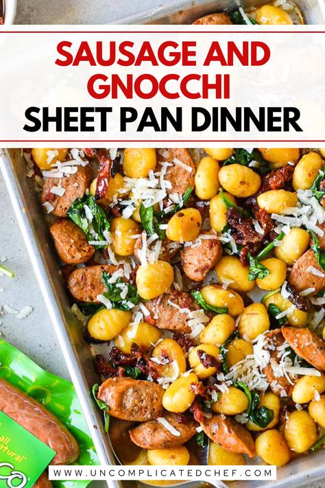 An image of Sausage and Gnocchi Sheet Pan Dinner in a white tray Chicken Sausage Gnocchi Sheet Pan, Sausage Dinners Healthy, Gnocchi And Andouille Sausage Recipes, Sheet Pan Sausage And Gnocchi, Gnocchi And Italian Sausage Recipes, Sausage Gnocchi Skillet, Meals With Chicken Sausage, Sweet Potato Gnocchi Meal, Gnocchi And Kielbasa Recipes