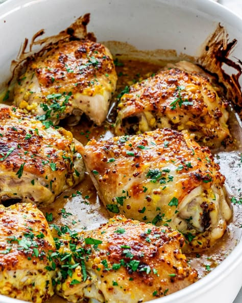 This Oven Baked Chicken Thighs recipe is a force to be reckoned with! Simple and deliciously baked chicken with a mustard, honey glaze - this dish is definitely going to be a top-contender in your weekly recipe planning! #ovenbaked #chickenthighs #thighs #chicken Masakan Malaysia, Oven Baked Chicken Thighs, Jo Cooks, Chicken Thigh Recipes Oven, Chicken Thigh Recipes Baked, Baked Chicken Thighs, Oven Baked Chicken, Thigh Recipes, Chicken Dishes Recipes