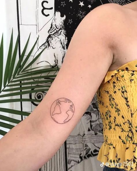 Earth Tattoo Aesthetic, Cute Earth Tattoo, Lexi Hidalgo Earth Tattoo, Earth Line Tattoo, Minimalist World Tattoo, Fine Line Globe Tattoo, Earth Fine Line Tattoo, Save The Earth Tattoo, Save The Planet Tattoo