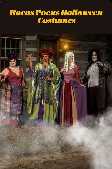 Hocus Pocus Halloween Costumes The Sanderson Sisters and Billy Butcherson dress up like Winifred, Sarah or Mary Sanderson or Billy the Zombie #hocuspocus #halloween #witch #Halloweencostume #costumes Costumes For Friends Of Two, Hocus Pocus Group Costume, 4 Person Costume Ideas, Scary Family Halloween Costumes, 4 People Costume Ideas, Villain Costume Ideas, Billy Butcherson Costume, Hocus Pocus Billy Butcherson, 4 People Halloween Costumes