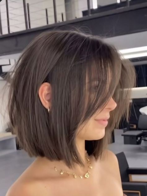 Bob Long Front Short Back, Nadine Short Hair, Short Bob Long Fringe, Bob 2023 Straight, Bob Hairstyles Medium Length, Short One Length Hair, Straight Brunette Bob, Above Shoulder Bob Straight, Short Hair For Thinner Hair