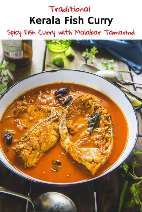 Kerala Fish Curry is a traditional Malabari dish and is a tad spicy curry. But, most importantly, it has a signature taste of kudampuli (Dried malabar tamarind) and curry leaves. Make it at home with my authentic recipe to make fish curry Kerala style without coconut. #Fish #Curry #Indian #Kerala #Seafood via @WhiskAffair Malabar Fish Curry, Kerala Style Fish Curry, Fish Indian Recipes, Kerala Fish Curry Recipes, Fish Curry Recipe Indian, Tamarind Fish Curry, Indian Fish Curry, Coconut Fish Curry, Bengali Fish Curry