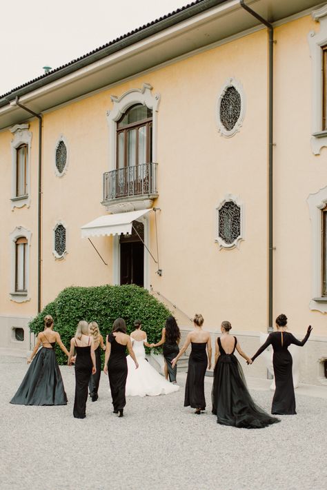 black bridesmaid dresses Vogue Wedding Bridesmaid, Editorial Bridesmaids Photos, Black Bridesmaid Dresses Aesthetic, Bridesmaid Dresses Mismatched Black, Unique Black Bridesmaid Dresses, Old Money Bridesmaid Dresses, Mismatched Black Bridesmaid Dresses, Black Mismatched Bridesmaid Dresses, Black Bridesmaid Dresses Spring