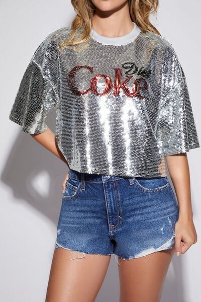 Coca-Cola Diet Coke Sequin Tee Sequin Tee, Funky Shoes, Graphic Tee Dress, Black Dress Formal, Diet Coke, Denim Sweater, Soda Pop, Top Graphic Tees, Tee Dress