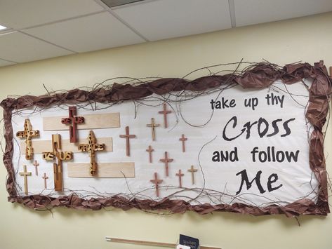 Campus Ministry Bulletin Board, Lent Bulletin Boards Catholic, Spring Church Bulletin Board Ideas, New Year Church Bulletin Board Ideas, Catholic Classroom Decor, Lent Bulletin Board Ideas Catholic, Lent Bulletin Board Ideas, Easter Bulletin Boards For Church, Catholic Schools Week Bulletin Board