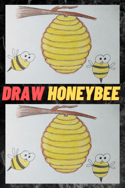 Draw a honeybee. Draw a honeycomb, Easy drawing, Learn to draw a honeybee and honeycomb How To Draw Honeycomb, Draw Honeycomb, Drawing Honeycomb, Honeybee Drawing, Beehive Drawing, Honeycombs Drawings, How To Make Honeycomb, Insect Drawings, Honey Cone