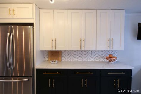 Changing up the Upper and Lower Cabinets Black And White Galley Kitchen, Kitchen With Gold Hardware, Kitchen Cabinet Black, 2 Tone Kitchen, Cabinets With Refrigerator, White Galley Kitchens, White Galley Kitchen, Gold Kitchen Hardware, Kitchen Countertop Ideas