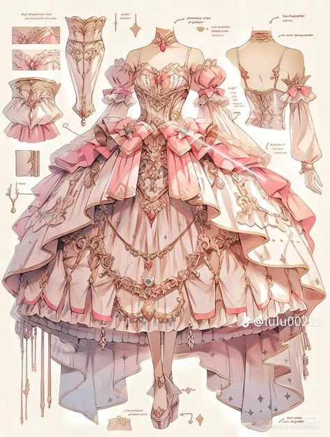 Pretty Dress Ideas, Ball Dresses Drawings, Fantasy Dress Sketch, Princess Dress Reference, Pink Fairy Dress, Ball Gowns Drawing, Disguise Art, Manhwa Dress, Dress Reference