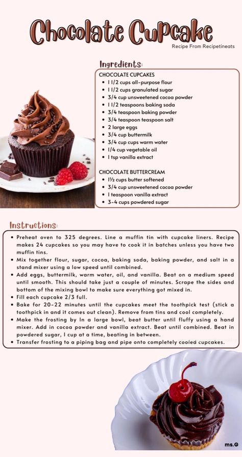 Beginner Baker Recipes, Home Bakery Recipes, Cute Baking Recipes, Baking Recipes Aesthetic, Chocolate Cupcake Recipe, Homemade Recipe Books, Dessert Book, Birthday Cake Decorating Ideas, Homemade Cookbook