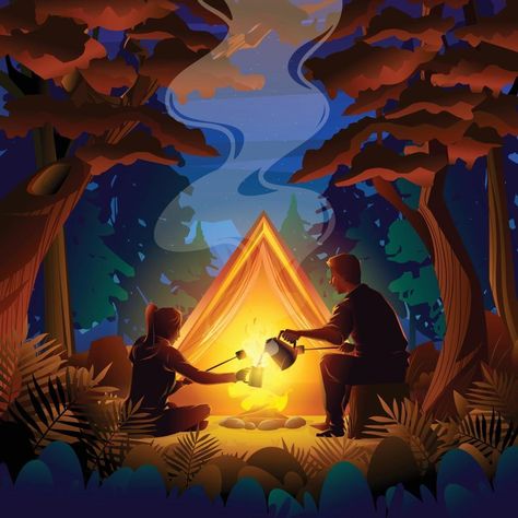 Night Autumn Camping Concept Night Camping Illustration, Camping Reference, Night Forest Illustration, Camping Backdrop, Camp Illustration, Fall Posters, Autumn Camping, Camping Illustration, Night Autumn