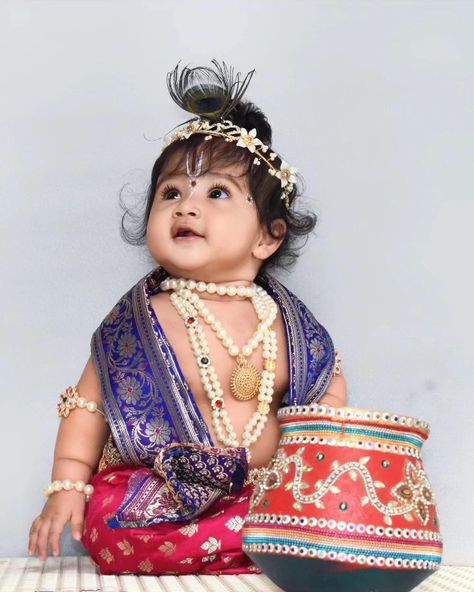 Baby in Krishna costume on krishnashtami Sri Krishna Janmashtami Baby Photoshoot, Dahi Handi Baby Photoshoot, Krishna Astami Baby Photos, Krishna Baby Photo, Krishna Ashtami Baby Photoshoot, Krishna Jayanthi Baby Photoshoot, Kanha Baby Photoshoot, Krishnastami Baby Photoshoot, Yashoda And Krishna Baby Photoshoot