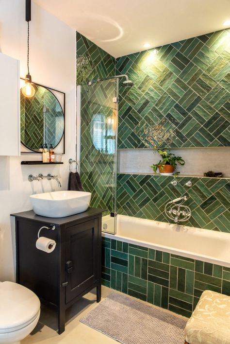 Victorian Shower Room, Dark Green Tile Bathroom, Deep Green Bathroom, Dark Green Tile, Forever Foundation, Golf Room, Green Tile Bathroom, Condo Bathroom, Tile Decor