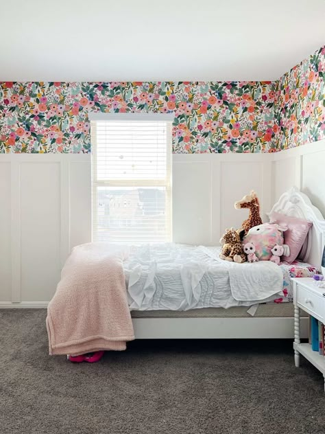 girls bedroom with board and batten walls and floral wallpaper Wallpaper Above Board And Batten Bedroom, Board And Batten Purple Wall, Board And Batten Plus Wallpaper, Board And Batten Wall With Floral Wallpaper, Floral Wallpaper Bedroom Girl Rooms, Floral Wallpaper For Bedroom, Girls Floral Wallpaper, Diy Floral Headboard, Flower Wallpaper For Bedroom