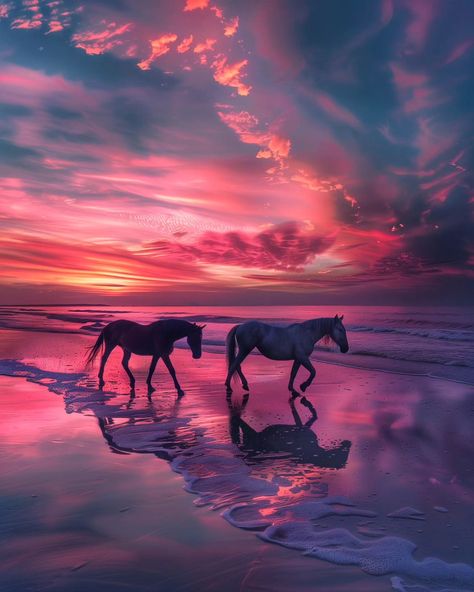 Pure beauty . . . #horses #sunset #pink #sea #beach #love Princess And Horse, Horses On The Beach, Horses Pictures, Horse Beach, Pink Horse, Beautiful Horse, Beautiful Ocean Pictures, Cute Dogs Images, Cute Horse Pictures