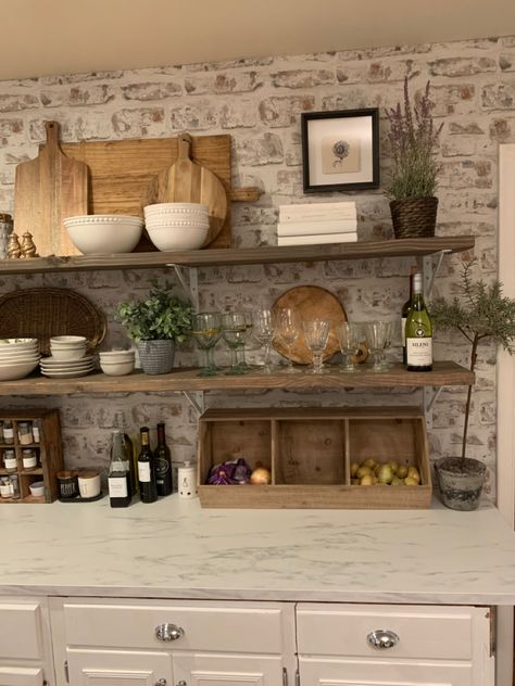 Brick Walls In Kitchen Ideas, Brick Effect Wallpaper In Kitchen, Stone Wallpaper In Kitchen, Rustic Kitchen Wallpaper, Brick Kitchen Wallpaper, Brick Effect Wallpaper Kitchen, Marble Countertops Kitchen Decor, Peel And Stick Brick Kitchen, Rustic French Farmhouse Kitchen