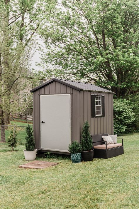 Metal Shed Makeover, Shed House Ideas, Sheds Ideas Backyard, Outdoor Shed, Shed Makeover, Tin Shed, Outdoor Storage Solutions, Door Handles Modern, Custom Sheds