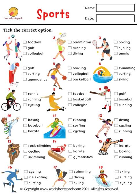 Esl Sports Worksheet, Esl Kindergarten Activities, Sports Worksheets For Kids, Pe Worksheets, Sport Vocabulary, Sport For Kids, Classroom Worksheet, Sports For Kids, Quizzes For Kids