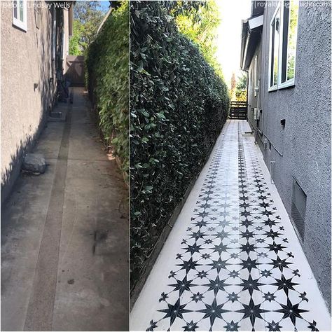 Small Concrete Porch Ideas, Concrete Patio Stencil Ideas, Patio Floor Stencil Ideas, Stencil Patio, Patio Floor Stencil, Porch Tile Stencil, Pattern Tiles, Patio Tile Stencil, Diy Backyard Decor