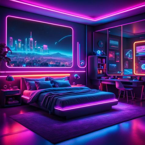 Cyberpunk Room Ideas, Neon Bedroom Aesthetic, Cyberpunk Bedroom, Cyberpunk Interior, Cyberpunk Room, Neon Bedroom, Cool Nike Wallpapers, Cyberpunk Aesthetic, Room Redesign