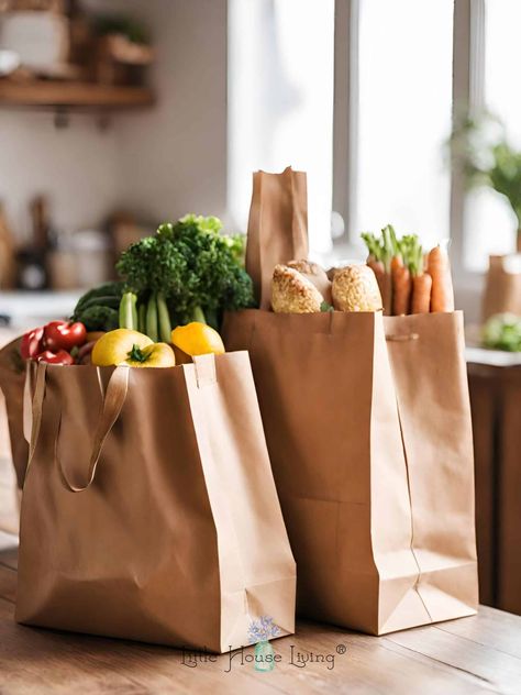 Groceries in a brown paper bag on a kitchen counter. Budget Grocery List, Frugal Grocery Shopping, Cheap Grocery List, Winco Foods, Cheap Groceries, Paper Grocery Bags, Frozen Veggies, Brown Paper Bag, Buying Groceries