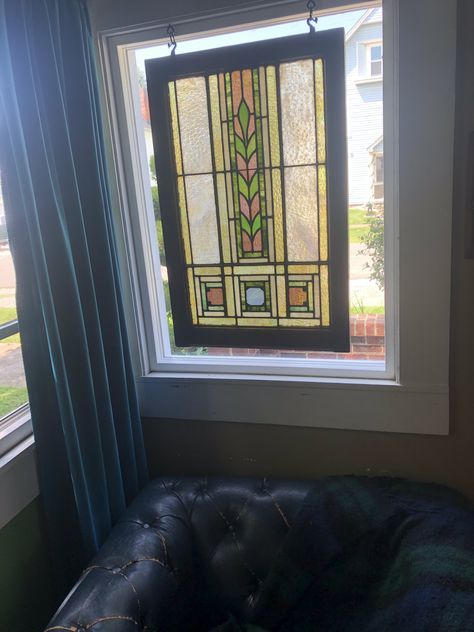 Stained Glass Hung In Front Of Window, Hanging Stained Glass In Front Of Window, How To Hang Stained Glass In A Window, Hang Stained Glass In Front Of Window, Stained Glass Hanging In Window, Small House Hacks, Reclaimed Windows, Wall Stains, Hanging Stained Glass