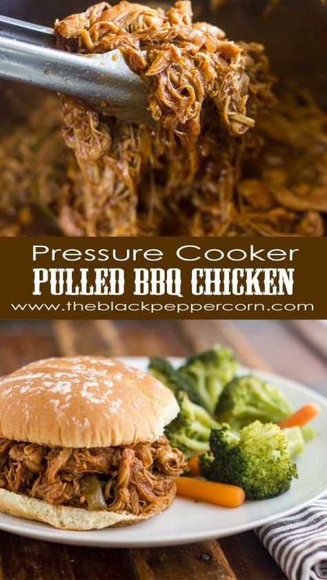 Pulled Chicken Pressure Cooker Instant Pot Recipe Pressure Cooker Pulled Chicken, Chicken Pressure Cooker, Pulled Chicken Sliders, Yummy Burgers, Pulled Bbq Chicken, Instant Pot Chicken Thighs, Bbq Pulled Chicken Sandwiches, Pulled Chicken Recipes, Instapot Meals