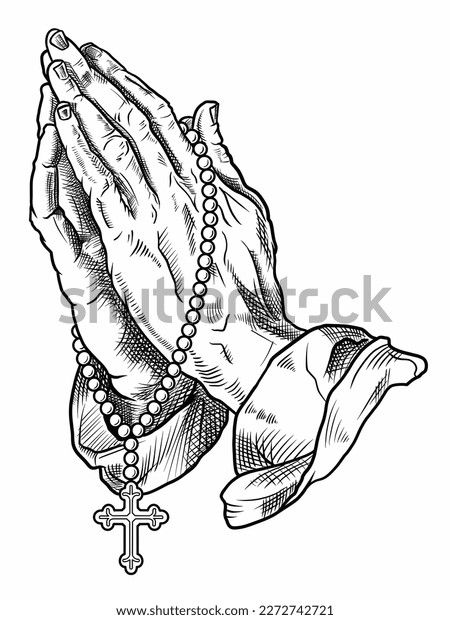 Praying Hands Rosary Line Drawing Handdrawn Stock Illustration 2272742721 | Shutterstock Rosary Cross Drawing, Pray Hands Drawing, How To Draw Praying Hands, Praying Art Reference, Hands Praying Drawing, Praying Drawing Pose, Rosery Drawings, Praying Pose Reference Drawing, Hands Art Reference