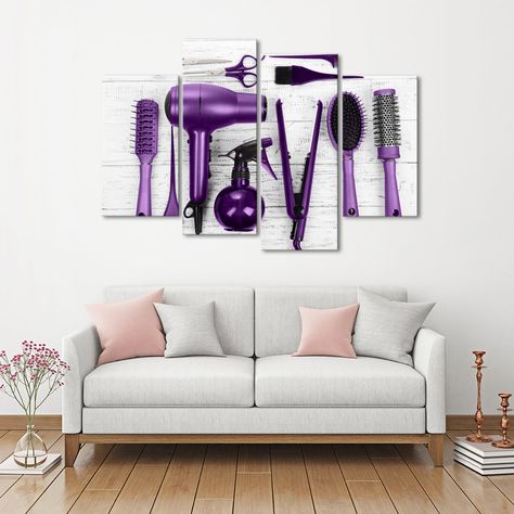 Violet Cut Multi Panel Canvas Wall Art Purple Salon Interior Design, Purple Salon Decor Ideas, Small Hair Salon Ideas Layout, Small Salon Ideas Hairdressing, Salon Room In Home, Purple Hair Salon, Salon Suite Decor Small Spaces, Purple Salon, Small Salon Designs