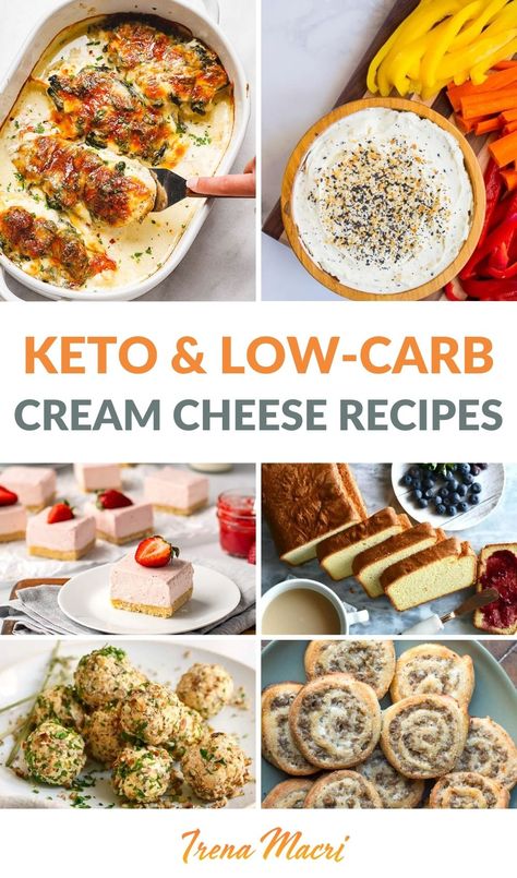 We found some of the BEST keto and low-carb cream cheese recipes around, ranging from savory bread rolls and pinwheels to sweet cheesecakes and fat bombs. When it comes to Keto and Low-Carb recipes, cream cheese has gained a lot of popularity as the go-to ingredient. It is very low in carbohydrates, moderate in protein, and high in fat, making it a staple in a keto diet. Cream cheese is soft in texture and mild in flavour, so it is very versatile. via @irena_macri Keto Recipes Cream Cheese, Keto Cream Cheese Dinner Recipes, Keto Meals With Cream Cheese, Cream Cheese Low Carb Snacks, Keto Snacks Cream Cheese, Keto Cream Cheese Pinwheels, Healthy Meals With Cream Cheese, Keto With Cream Cheese Recipes, High Protein Cream Cheese Recipes