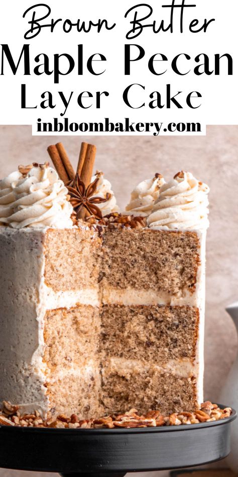 This recipe is for a sweet and tender maple cake full of chopped pecans, frosted and filled with decadent brown butter buttercream. This maple pecan layer cake is sure to be a pecan lovers dream! Maple Pecan Cake Recipe, Pecan Birthday Cake, Specialty Cake Flavors, Fall Layer Cake, Maple Pecan Cake, Maple Cake Recipe, Unique Cake Flavors, Pecan Layer Cake, Cake Recipe For Decorating