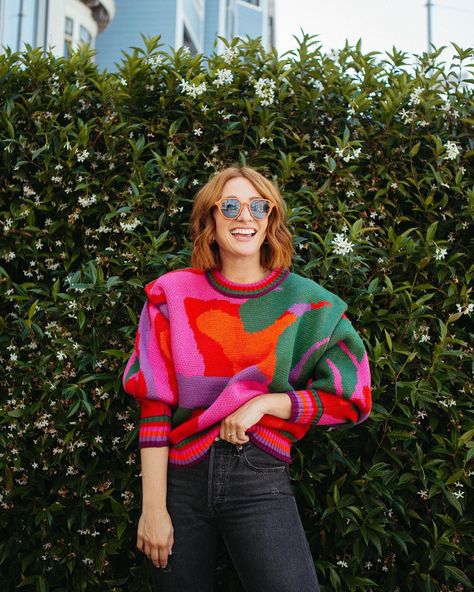 Sweaters Outfit, Abstract Scarf, Maximalist Fashion, Bright Sweater, Scarf Sweater, Multicolor Sweater, Mum Fashion, Unique Sweaters, Rent The Runway