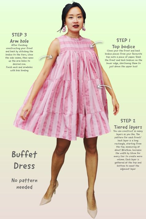 No Pattern Dress Diy, Tier Dress Pattern, Tunic Dress Pattern Free, Gathered Dress Pattern, Buffet Dress, Tent Dresses Pattern, Layered Dress Pattern, Tired Dress, Tiered Dress Pattern