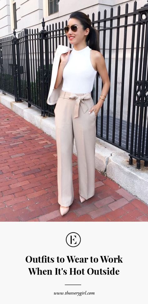 6 Outfit Combinations to Wear to Work When It’s Hot Outside #theeverygirl Casual Bisness Outfit Woman, Spring Outfits Dressy Classy, Texas Summer Work Outfits, Miami Work Outfit Business Casual, Law Firm Outfits Women Summer, Causal Business Outfits, Work Happy Hour Outfit Summer, Chic Work Outfits Women Summer, Classy Summer Outfits Work