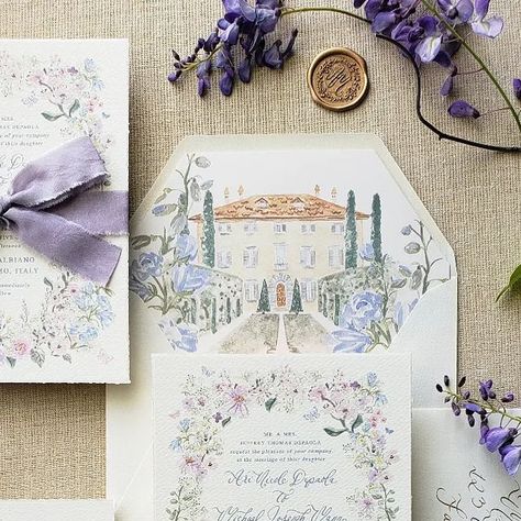 Diane Holdsambeck / My Lady Dye on Instagram: "Full reveal of A+M's wedding invitation suite! Watercolor florals and hand drawn butterflies in a pastel palette of pink, lavender and periwinkle blue. Touches of gold with a custom wax seal and hand calligraphy. Beautiful Italian paper and a silk ribbon bow to top it off 💜 *Personal and event details hidden/edited for privacy.  . . #myladydye #italywedding #summerwedding #springwedding #destinationwedding #purpleweddinginvitation #weddinginspiration #weddingdetails #weddingpaper #dailydoseofpaper #weddinginvitation #custominvitations #fineartinvitation #watercolorinvitation #venuepainting #calligraphy #moderncalligraphy #watercolorflorals #pastelwedding #villabalbianowedding #lakecomowedding #romanticbride #fineartbride #fineartwedding #bu French Garden Wedding Invitations, Pastel Wedding Invites, Calligraphy Beautiful, Drawn Butterflies, Blue Purple Wedding, Illustrated Wedding Invitations, Custom Wax Seal, Hand Calligraphy, Cottage Wedding