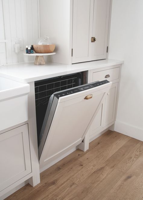 Dishwasher In Laundry Room, How To Cover A Dishwasher, Diy Panel Appliances, Dishwasher End Panel, Cabinet Covered Dishwasher, Dishwasher Cover Wood, Appliance Update Diy, Fridge Panel Diy, Peel And Stick Dishwasher