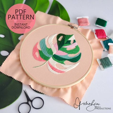 Pink Monstera, Satin Stitch Embroidery, Variegated Monstera, Simple Hand Embroidery Patterns, Hand Embroidery Art, Plant Lady, Art Textile, Satin Stitch, Hand Embroidery Patterns