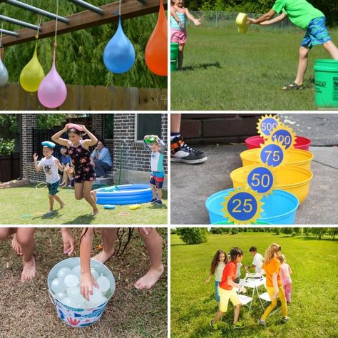 Collage of images of water games for the whole family. Water Games For Teenagers, Adult Water Games Party Ideas, Diy Water Games, Water Games For Adults, Teenage Birthday Party Games, Summer Water Games, Kids Birthday Party Activities, Backyard Birthday Parties, Slumber Party Games