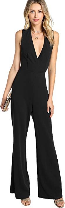 Amazon.com: MAKEMECHIC Women's Sexy Deep V Neck Sleeveless Wide Leg Loose Jumpsuits Rompers 1-Black XS: Clothing Inverted Triangle Dresses, Jumpsuit Outfit Wedding Guest, Inverted Body Shape, Triangle Outfit, Dressy Jumpsuit Wedding, V Shape Body, Triangle Body Shape Fashion, Jumpsuit Outfit Wedding, Triangle Outfits